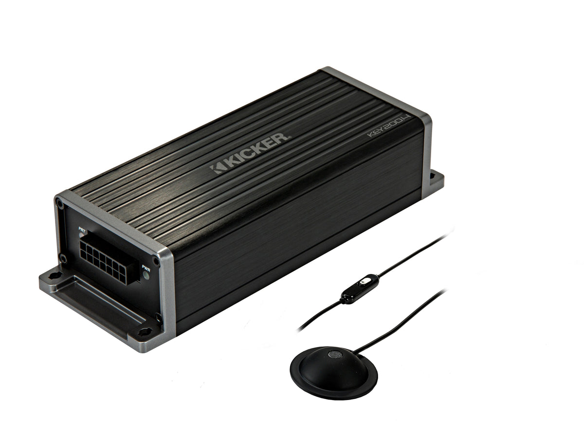 KICKER KEY200.4 amplifier with setup microphone, power connector side