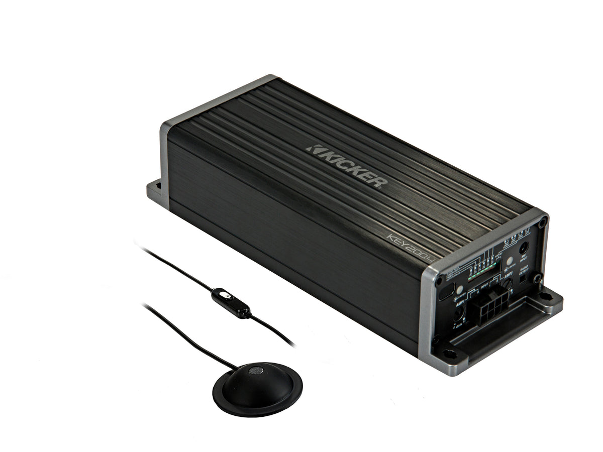 KICKER KEY200.4 amplifier with setup microphone and tuning controls