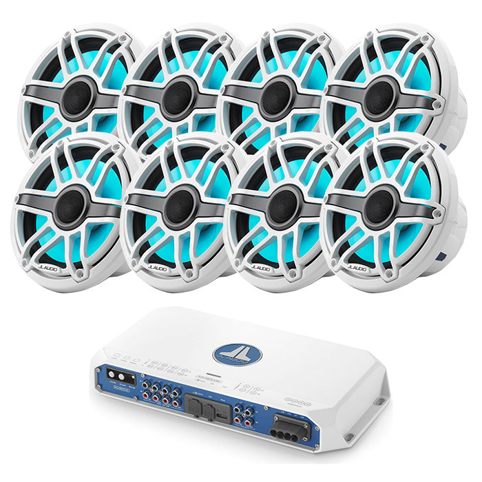 JL Audio MV800/8I Marine Amp + M6-770X-S-GWGW-I x4 Pairs Marine Speaker Bundle