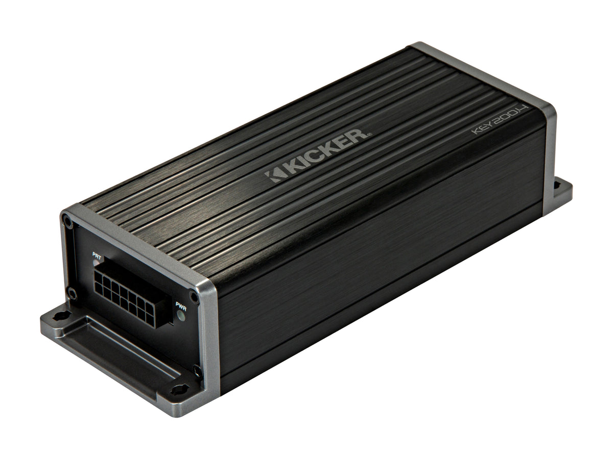 KICKER KEY200.4 4-channel smart amplifier, angled view of power connector side