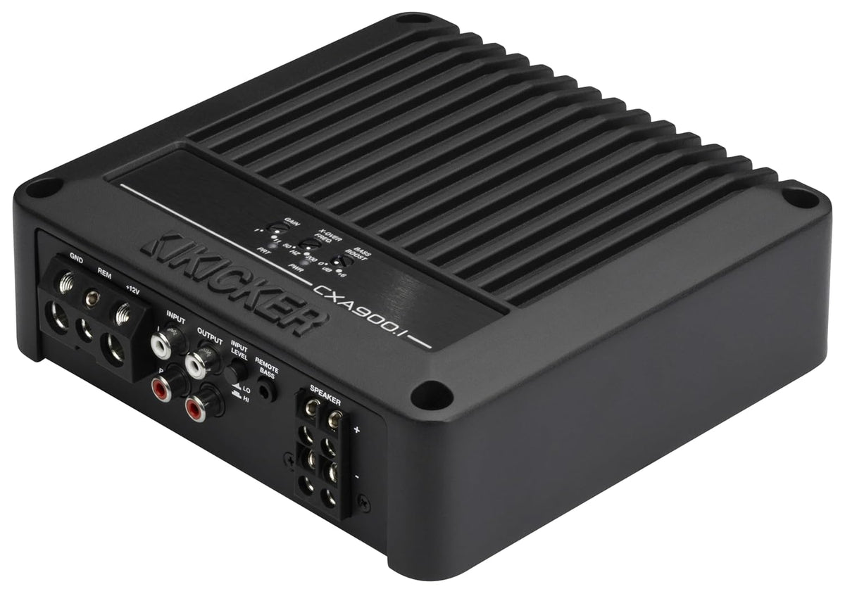 KICKER 53CXA9001 amplifier angled front connector view