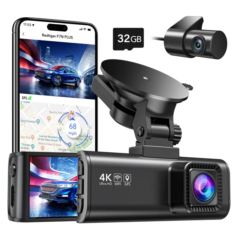 REDTIGER F7NP 4K Dash Cam Front and Rear, Built In Wi-Fi GPS, 32GB SD Card Included