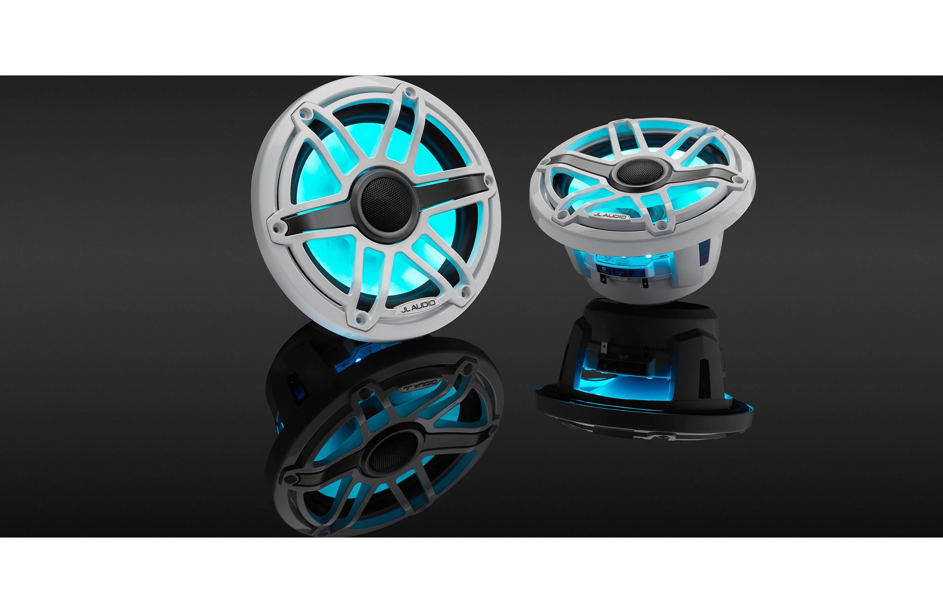 JL Audio M6-770X-S-GWGW-I 7.7" Marine Coaxial Speakers, Gloss White Trim and Sports Grille with LED Lighting - Freemans Car Stereo