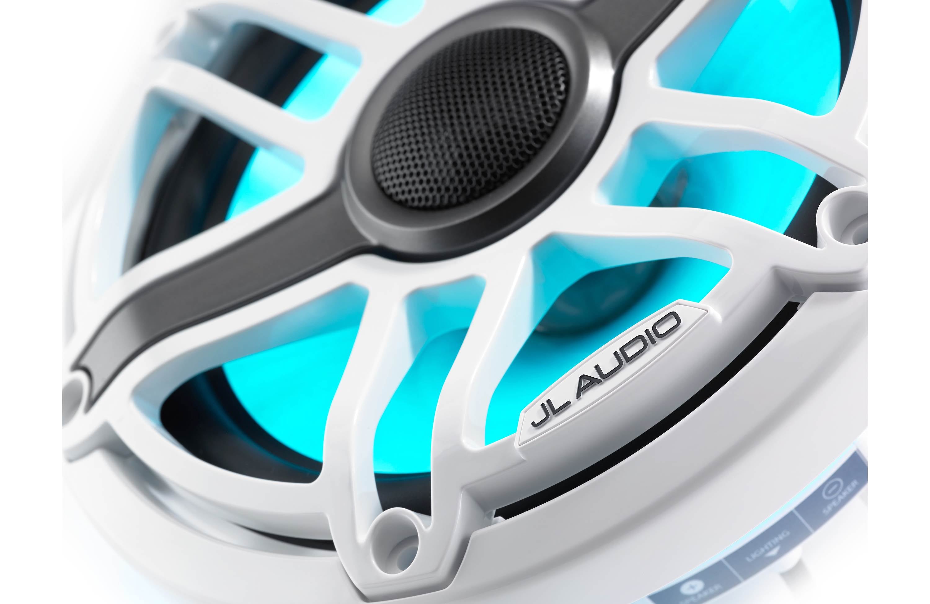 JL Audio M6-770X-S-GWGW-I 7.7" Marine Coaxial Speakers, Gloss White Trim and Sports Grille with LED Lighting - Freemans Car Stereo