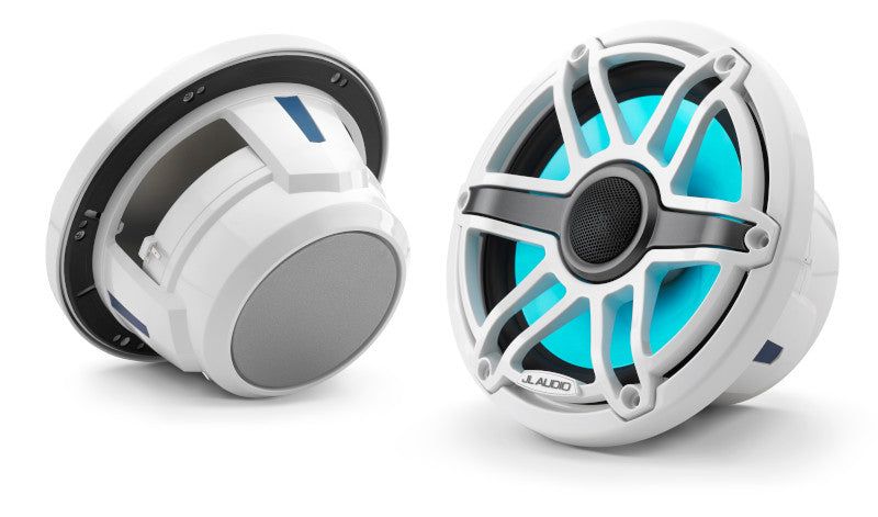 JL Audio M6-770X-S-GWGW-I 7.7" Marine Coaxial Speakers, Gloss White Trim and Sports Grille with LED Lighting - Freemans Car Stereo