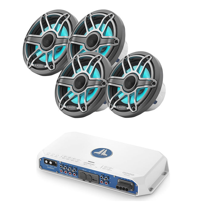 JL Audio MV800/8I Amp + M6-650X-S-GMTI-I-4 x2 Pairs Marine Speaker Bundle